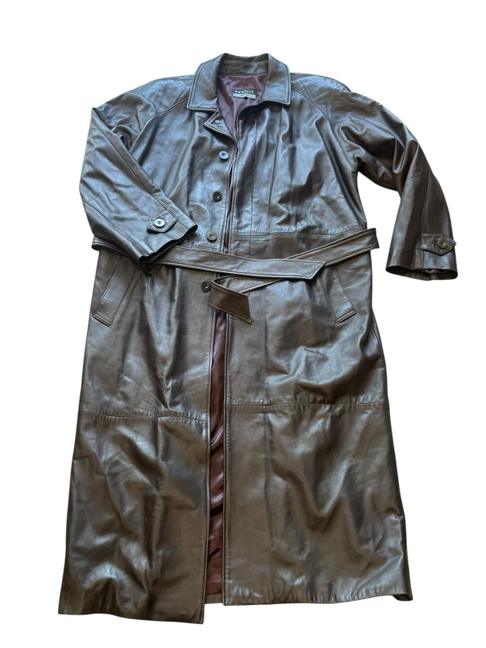 Vericci Man Brown Leather Trench Coat Full Length Duster Jacket Mens Size Large